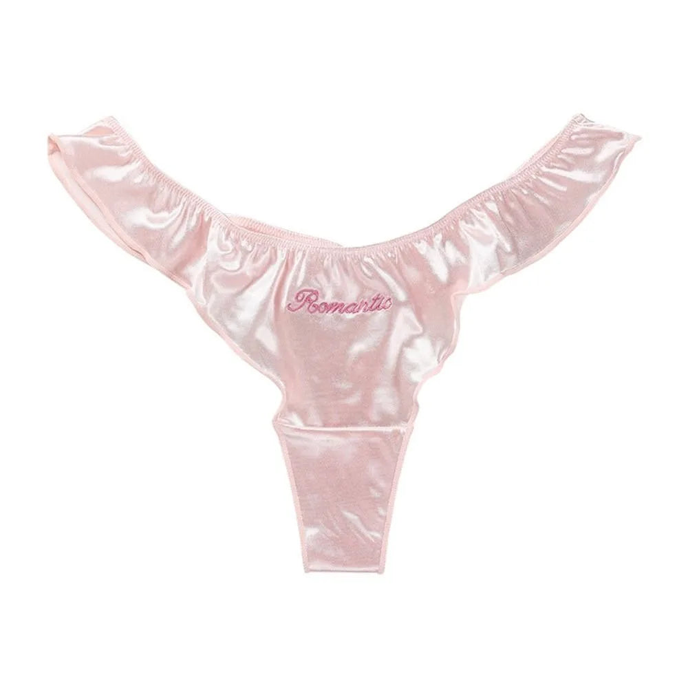 Kawaii Letter Satin Silk Ruffle Thong Seamless Embroidery Ice Silk Panties Underwear Low Waist Briefs for Women Girl