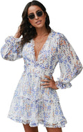 Women Long Sleeve Casual Summer Ruffle Backless Floral Flowy Swing Mini Dress