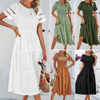 Spring and summer solid color temperament with a pleated hollow dress