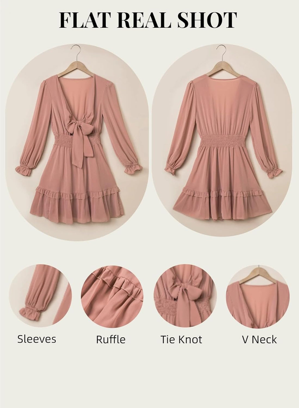 Womens Dresses Spring Summer Knot Front V Neck Ruffles Long Sleeve Floral Print Swing Mini Dress
