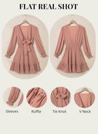 Womens Dresses Spring Summer Knot Front V Neck Ruffles Long Sleeve Floral Print Swing Mini Dress