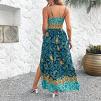 European and American spring and summer women's temperament printed suspender dress