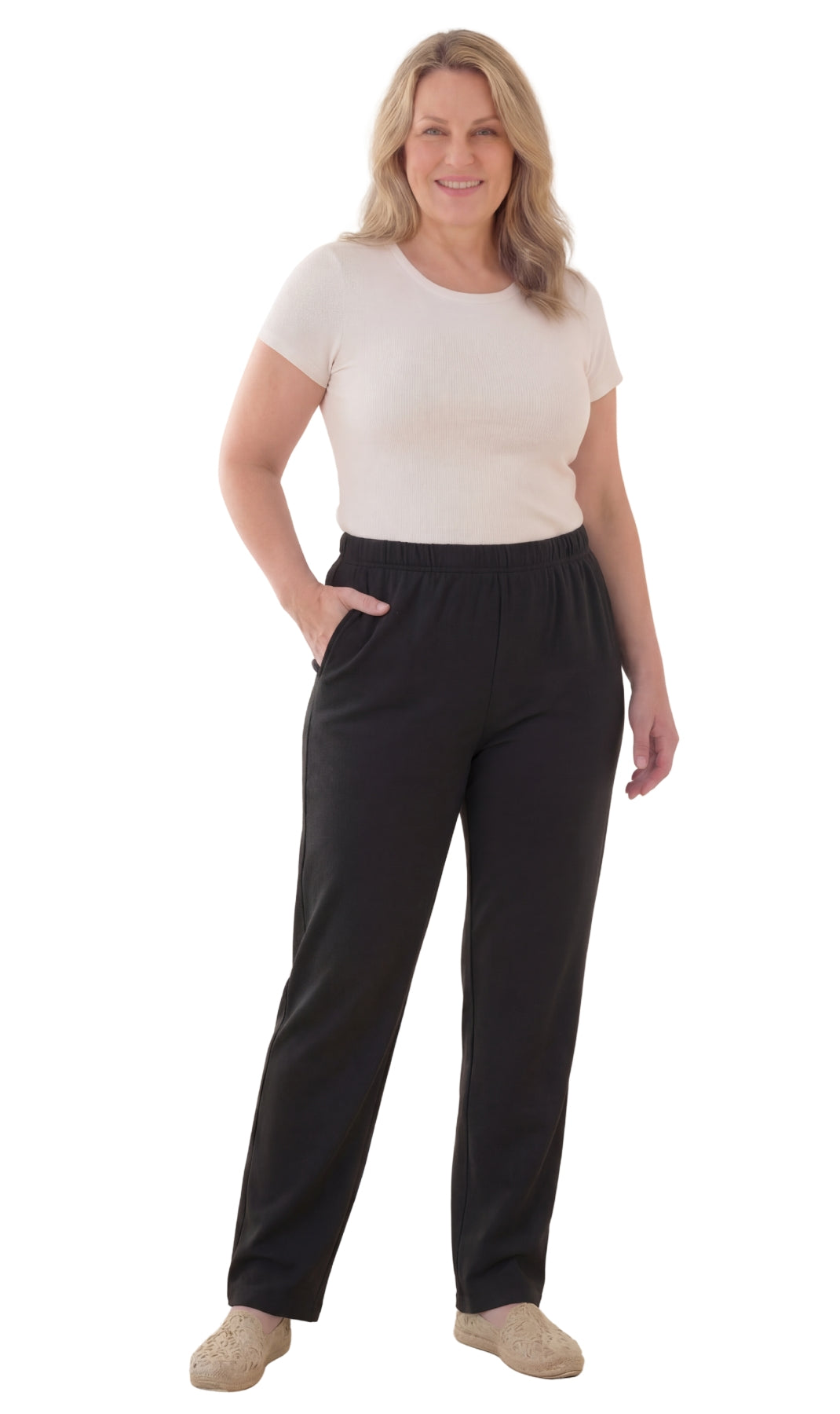 Women's Knit Pull on Pants - Cotton Blend with Flat Front waistband