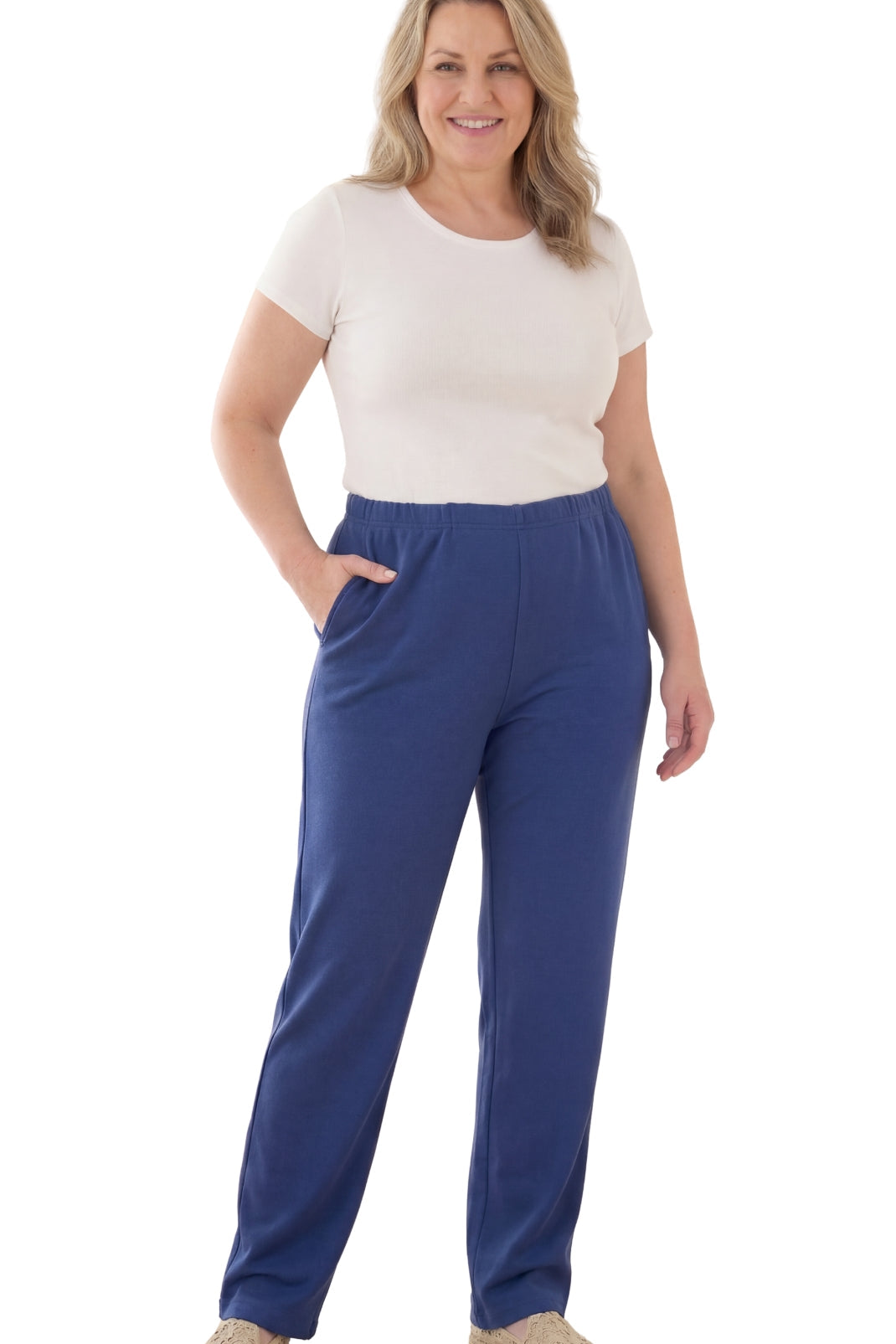 Women's Knit Pull on Pants - Cotton Blend with Flat Front waistband
