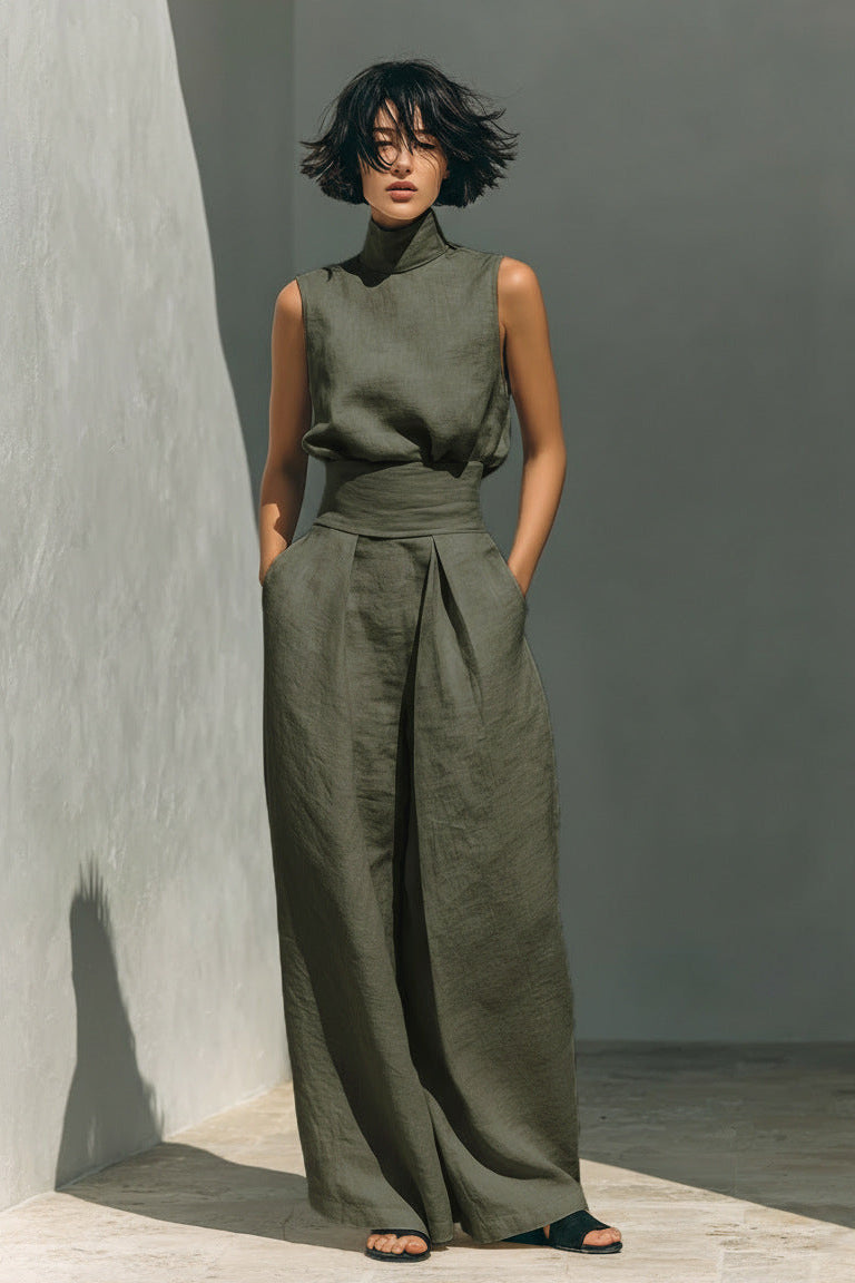 Women’s Cotton Linen Two-Piece Set – Sleeveless Top & Wide-Leg Pants