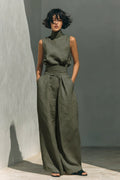 Women’s Cotton Linen Two-Piece Set – Sleeveless Top & Wide-Leg Pants