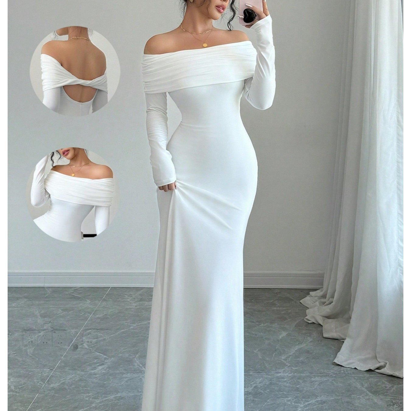Elegant Off Shoulder Midi Evening Gown
