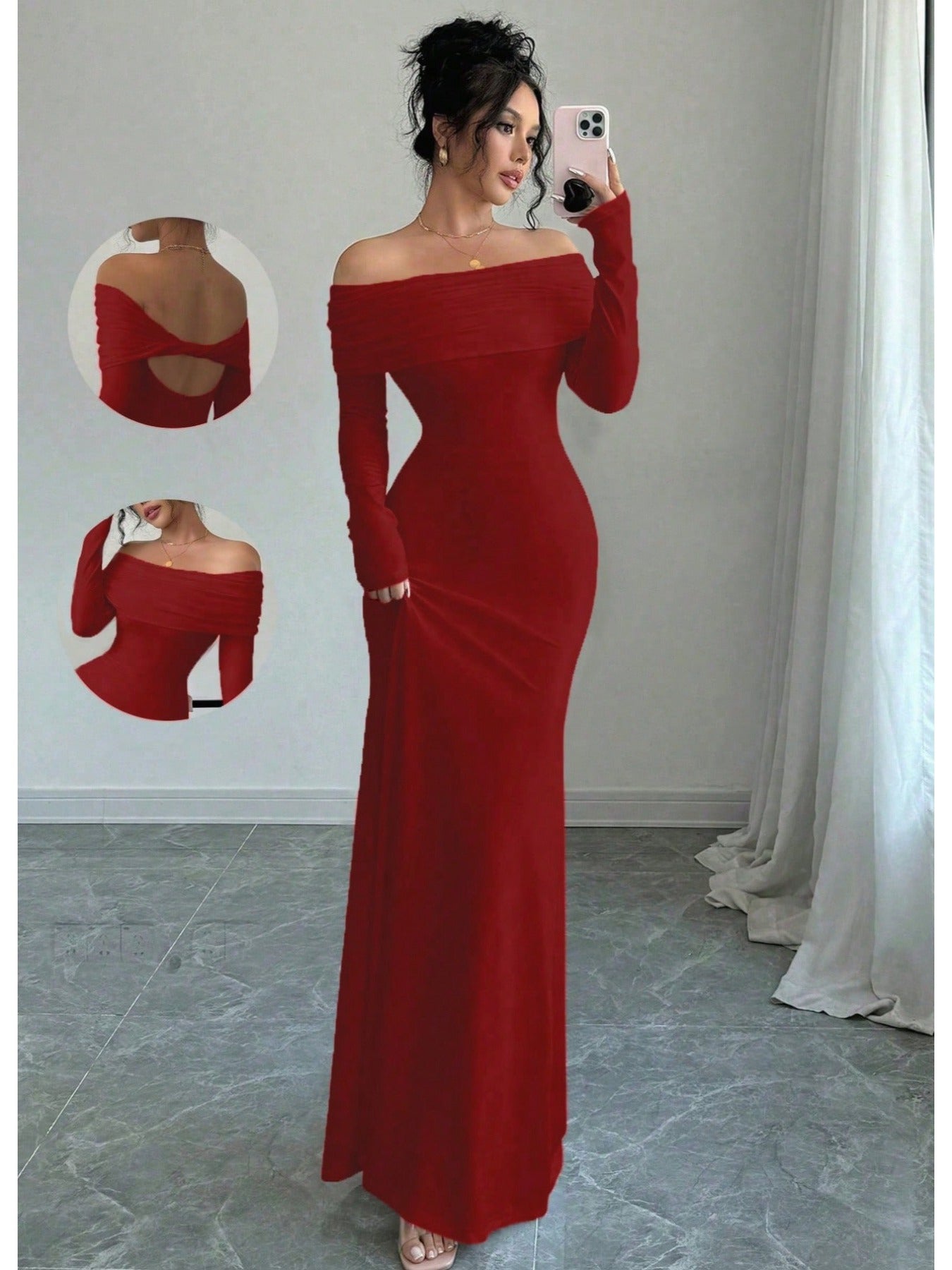 Elegant Off Shoulder Midi Evening Gown