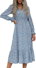 Women'S Casual Long Sleeve Midi Fall Dress Boho Pleated V Neck Ruffled Vintage Floral Print Flowy Long Dresses