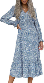 Women'S Casual Long Sleeve Midi Fall Dress Boho Pleated V Neck Ruffled Vintage Floral Print Flowy Long Dresses