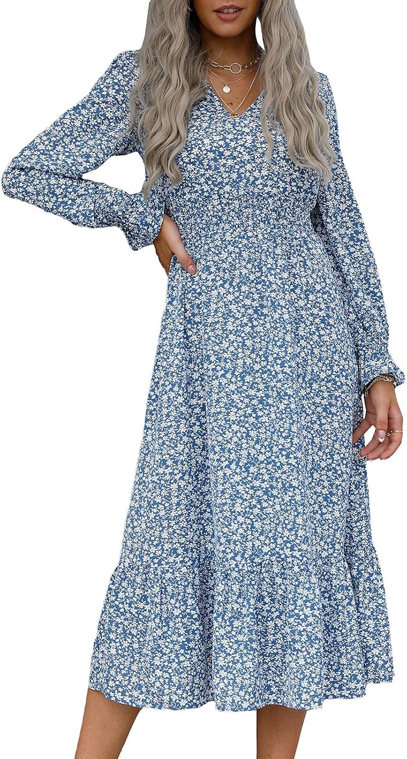 Women'S Casual Long Sleeve Midi Fall Dress Boho Pleated V Neck Ruffled Vintage Floral Print Flowy Long Dresses