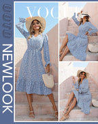 Women'S Casual Long Sleeve Midi Fall Dress Boho Pleated V Neck Ruffled Vintage Floral Print Flowy Long Dresses