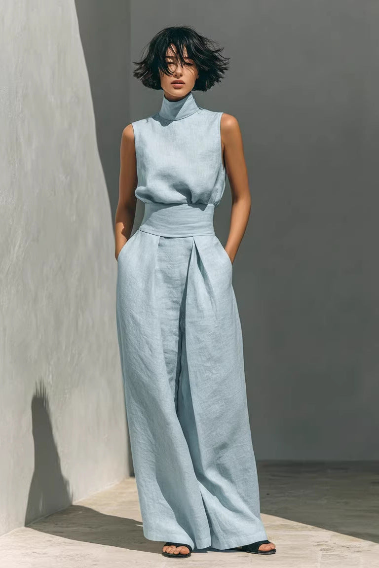Women’s Cotton Linen Two-Piece Set – Sleeveless Top & Wide-Leg Pants