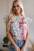 Anne Floral Ruffle Trim Short Sleeve Blouse-0