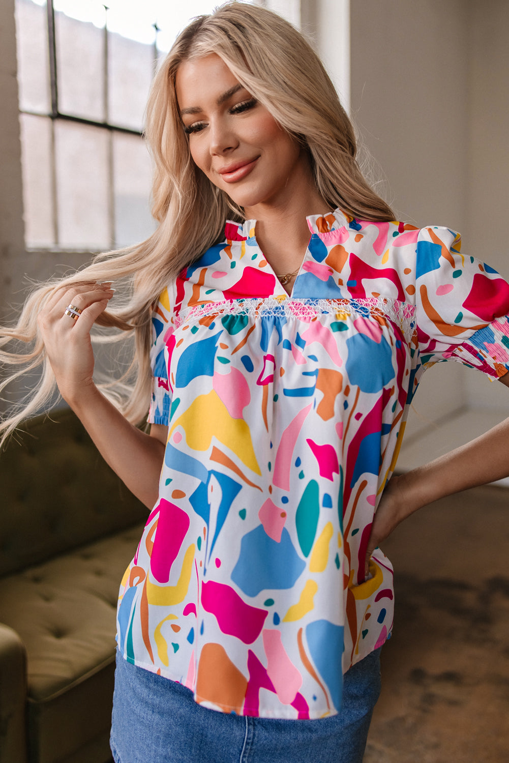 Harper Shirred Short Sleeve Blouse-3