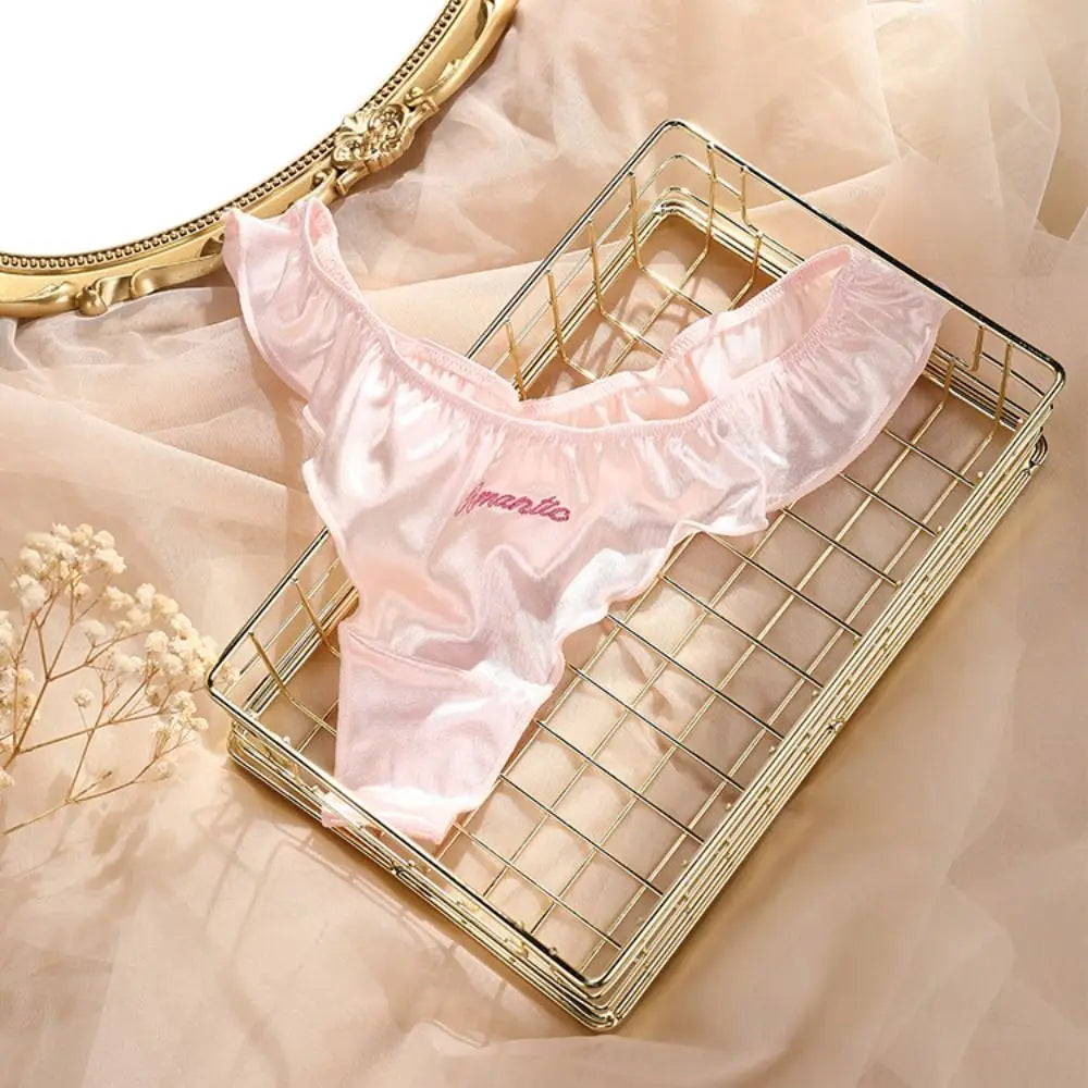 Kawaii Letter Satin Silk Ruffle Thong Seamless Embroidery Ice Silk Panties Underwear Low Waist Briefs for Women Girl