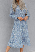 Women'S Casual Long Sleeve Midi Fall Dress Boho Pleated V Neck Ruffled Vintage Floral Print Flowy Long Dresses