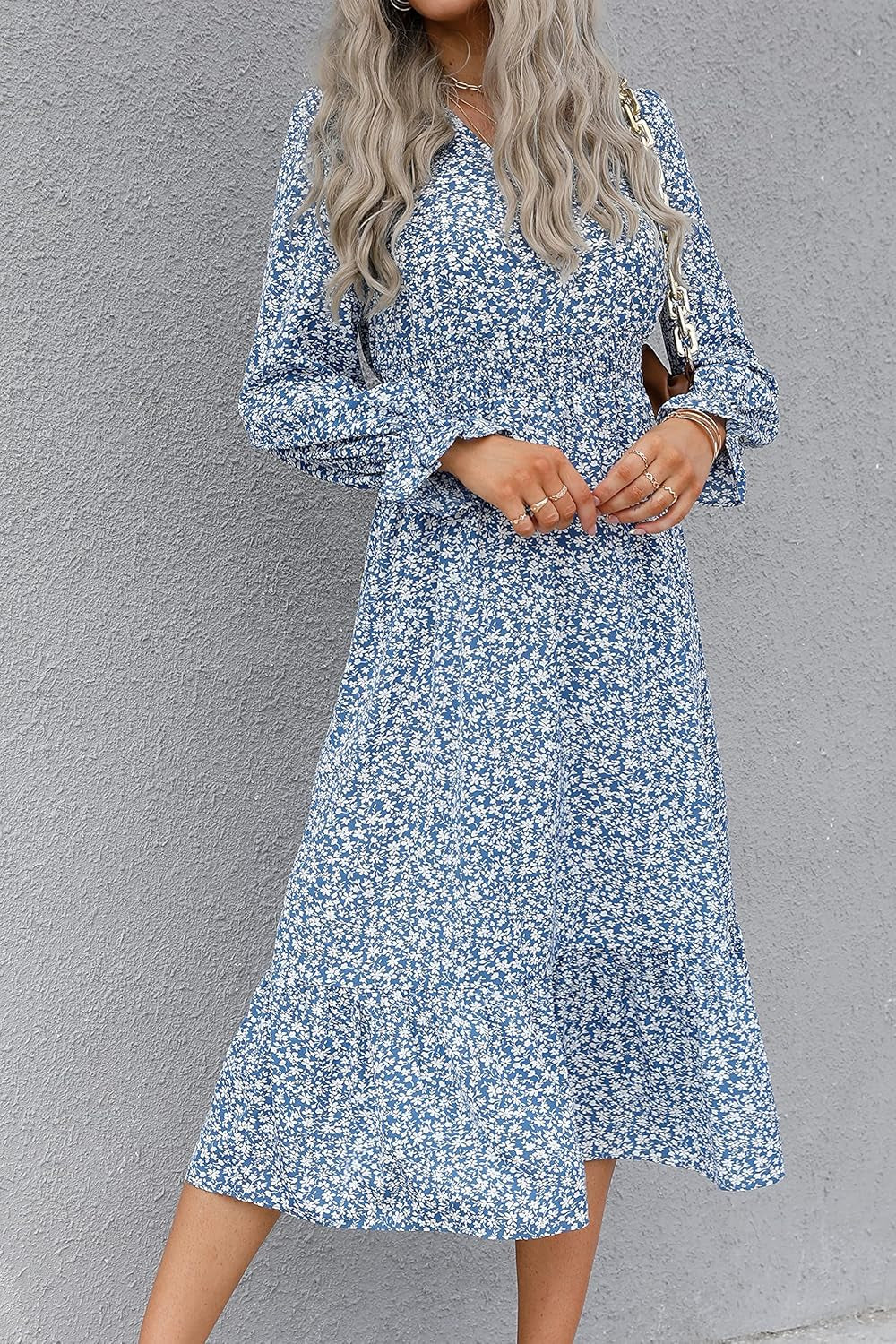 Women'S Casual Long Sleeve Midi Fall Dress Boho Pleated V Neck Ruffled Vintage Floral Print Flowy Long Dresses