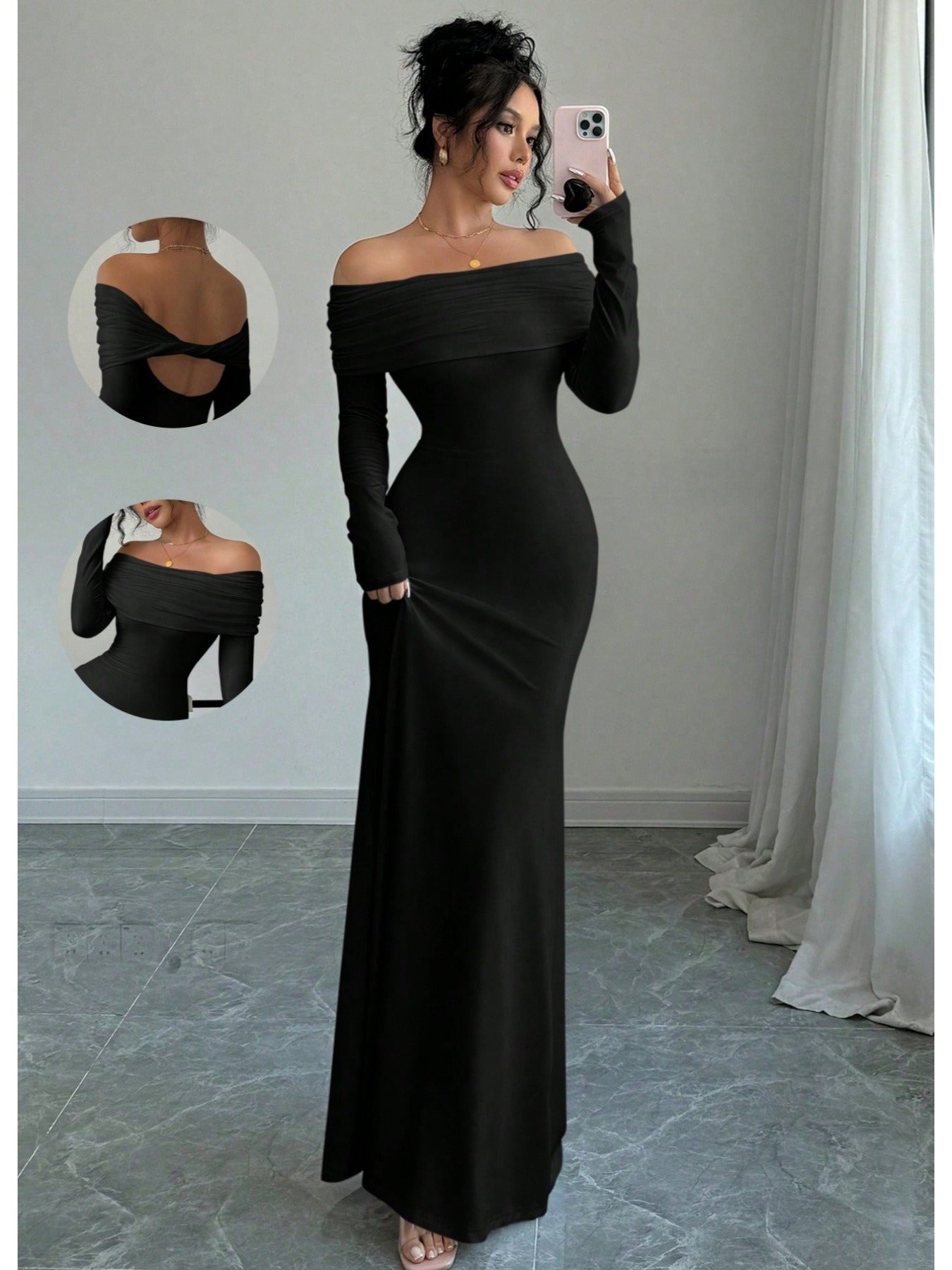 Elegant Off Shoulder Midi Evening Gown
