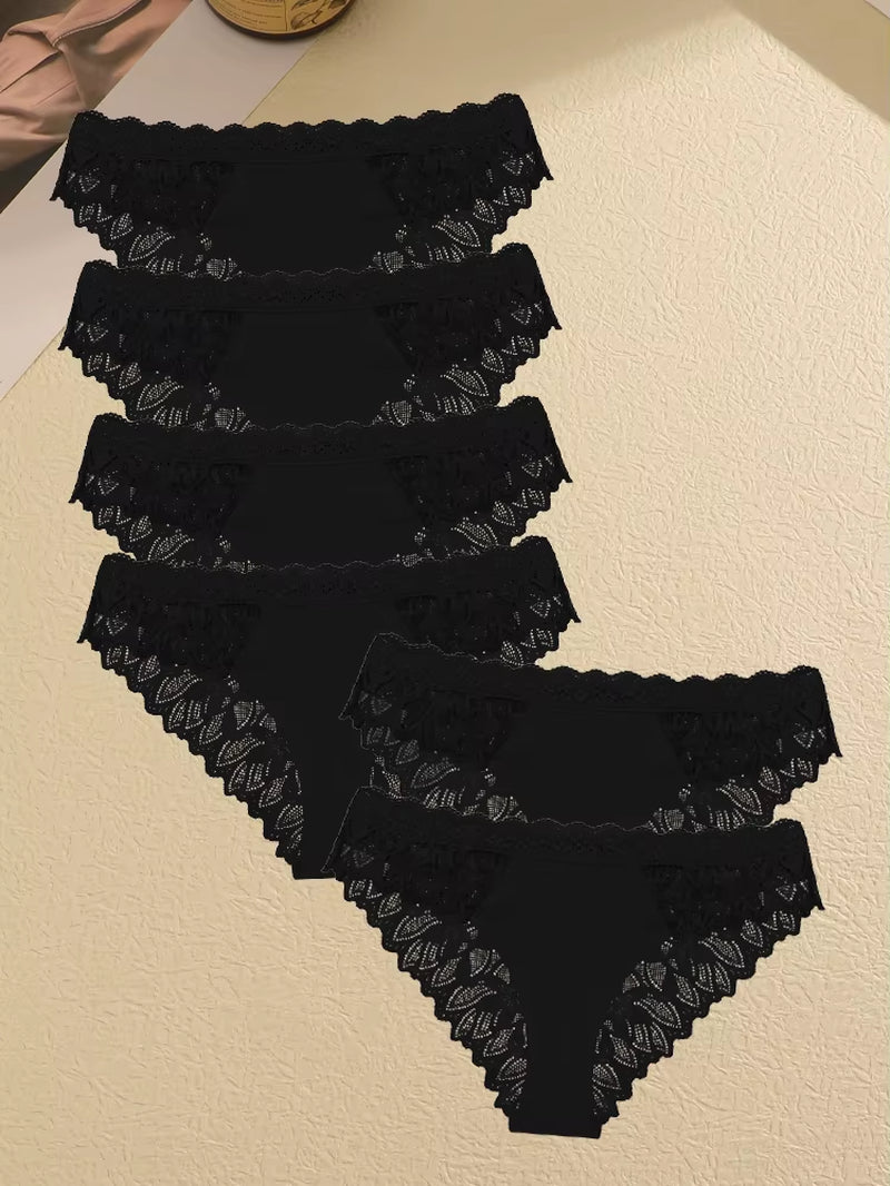 6Pcs/Set Lace Seamless Panties Patchwork Hollow Out Underwear for Women Sexy Breathable Solid Briefs Soft Silk Lingerie