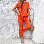 Women's spring and summer temperament casual short sleeved top and pants set
