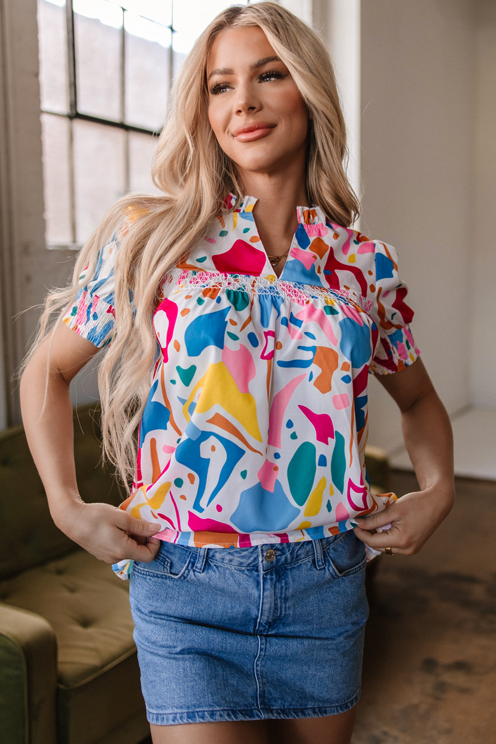 Harper Shirred Short Sleeve Blouse-0