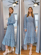 Women'S Casual Long Sleeve Midi Fall Dress Boho Pleated V Neck Ruffled Vintage Floral Print Flowy Long Dresses