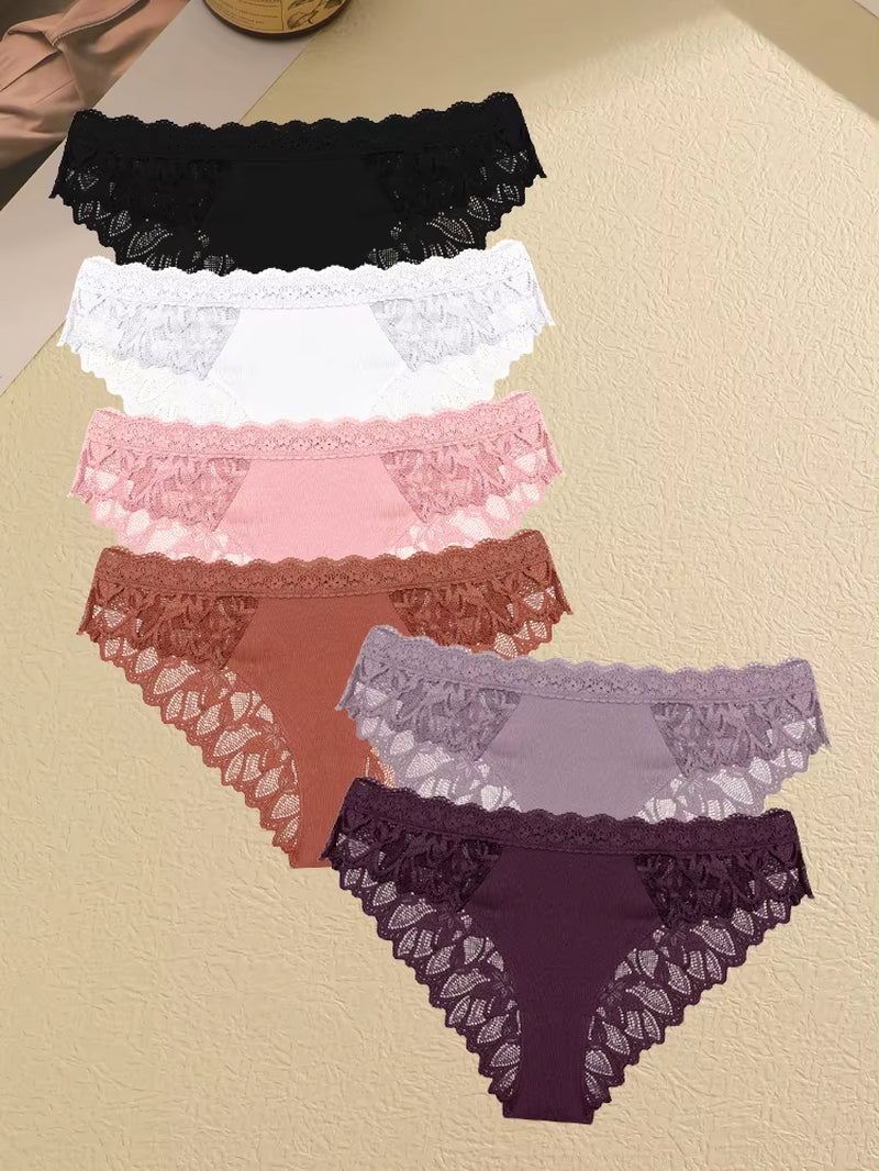 6Pcs/Set Lace Seamless Panties Patchwork Hollow Out Underwear for Women Sexy Breathable Solid Briefs Soft Silk Lingerie