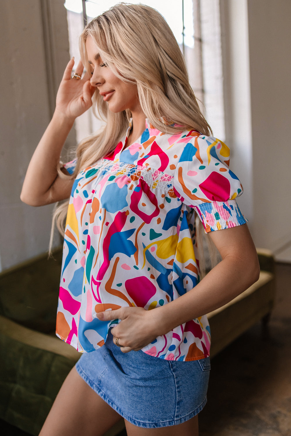 Harper Shirred Short Sleeve Blouse-2