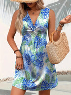 Tropical Print V-Neck Sleeveless Summer Dress