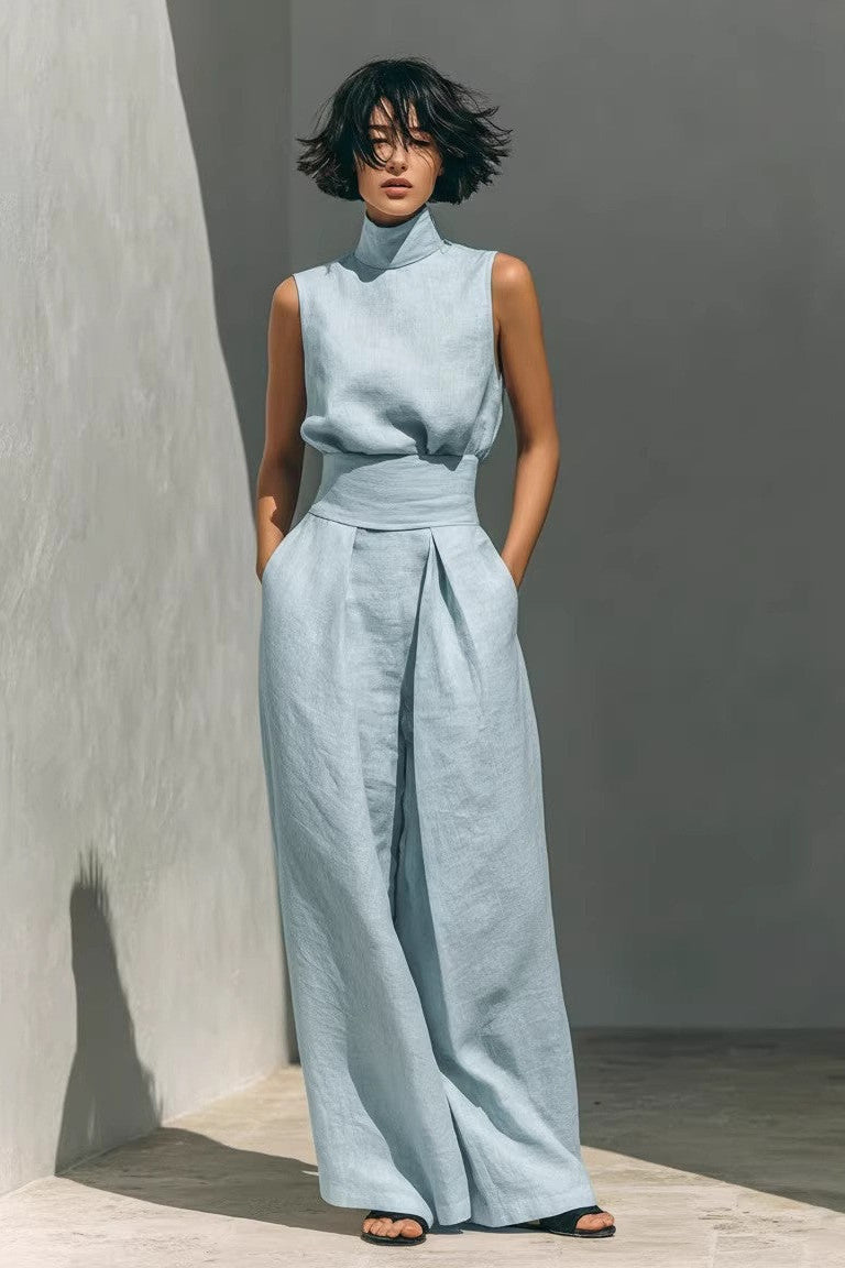 Women’s Cotton Linen Two-Piece Set – Sleeveless Top & Wide-Leg Pants