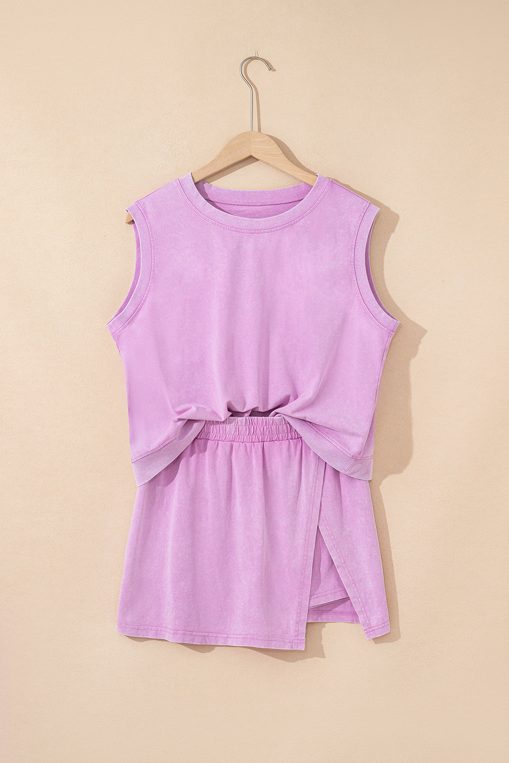 Aria 2 Pieces Mineral Wash Cotton Tank Top Lined Split Skirt Set-7