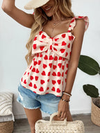 Heart Print Bow Front Peplum Blouse