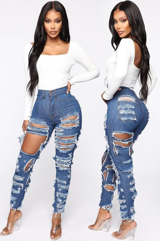 Women's Fashion Cut And Tear Stretchy Calf Jeans