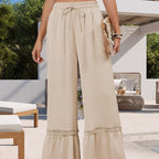 Solid Color High Waist Casual Pants Women's Drawstring Wide Leg Pants