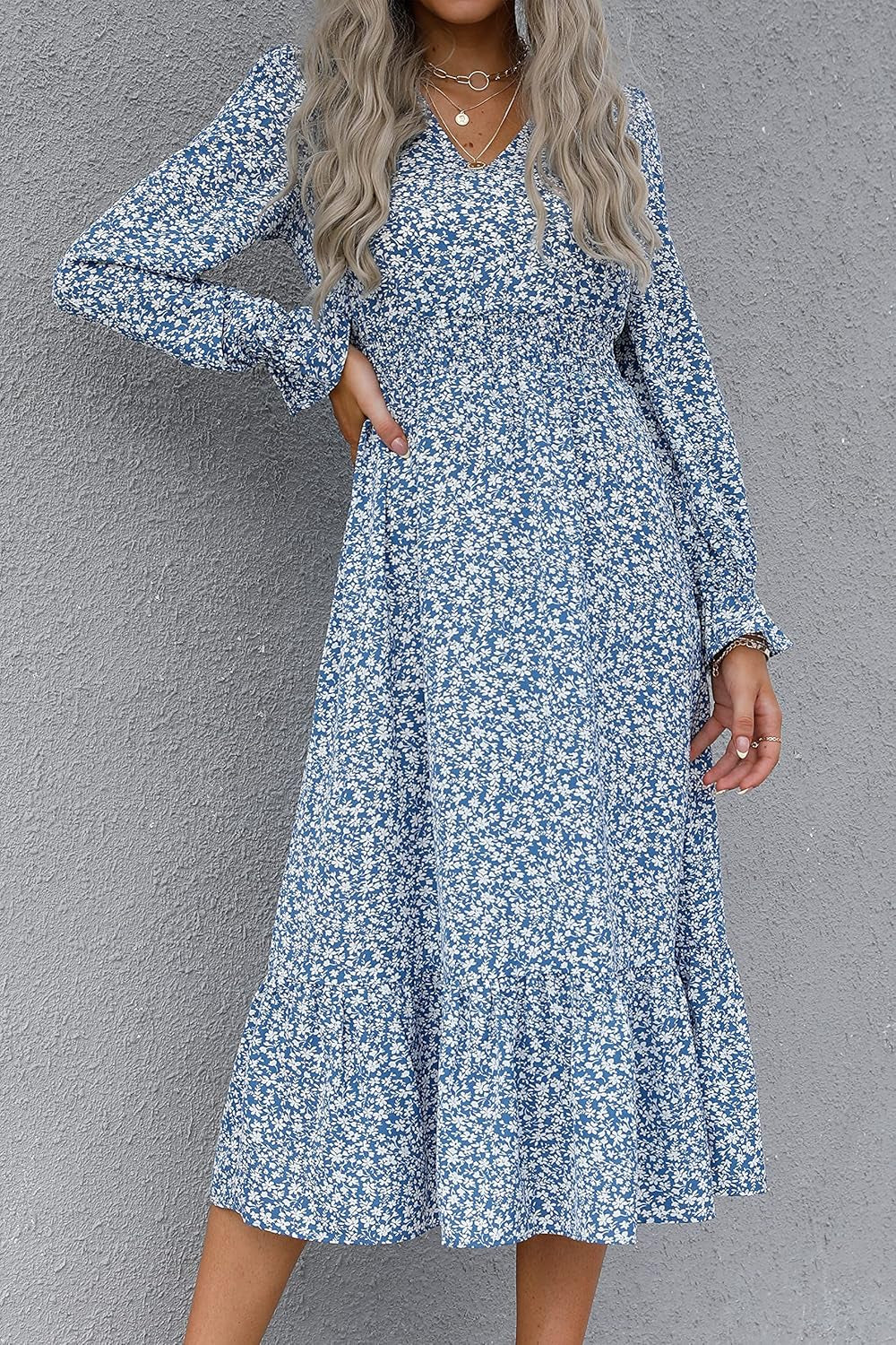 Women'S Casual Long Sleeve Midi Fall Dress Boho Pleated V Neck Ruffled Vintage Floral Print Flowy Long Dresses