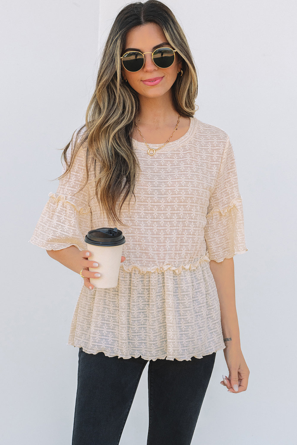 Oaklyn Textured Ruffled Short Sleeve Blouse-0