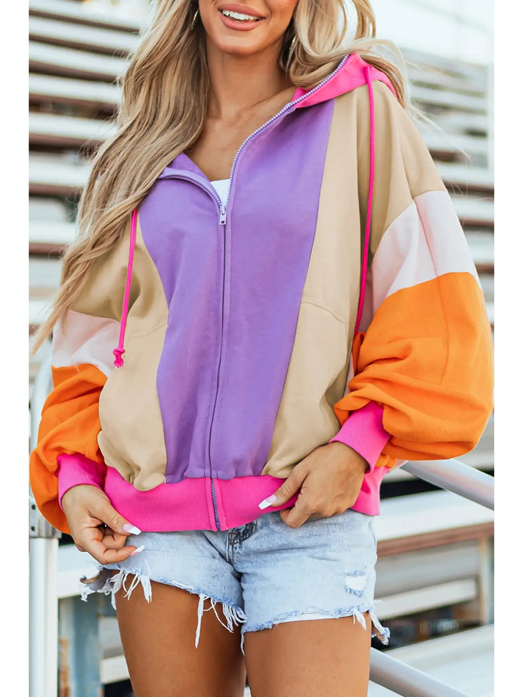 Oversized Bright Pink Purple & Orange Zip Hoodie