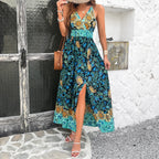 European and American spring and summer women's temperament printed suspender dress