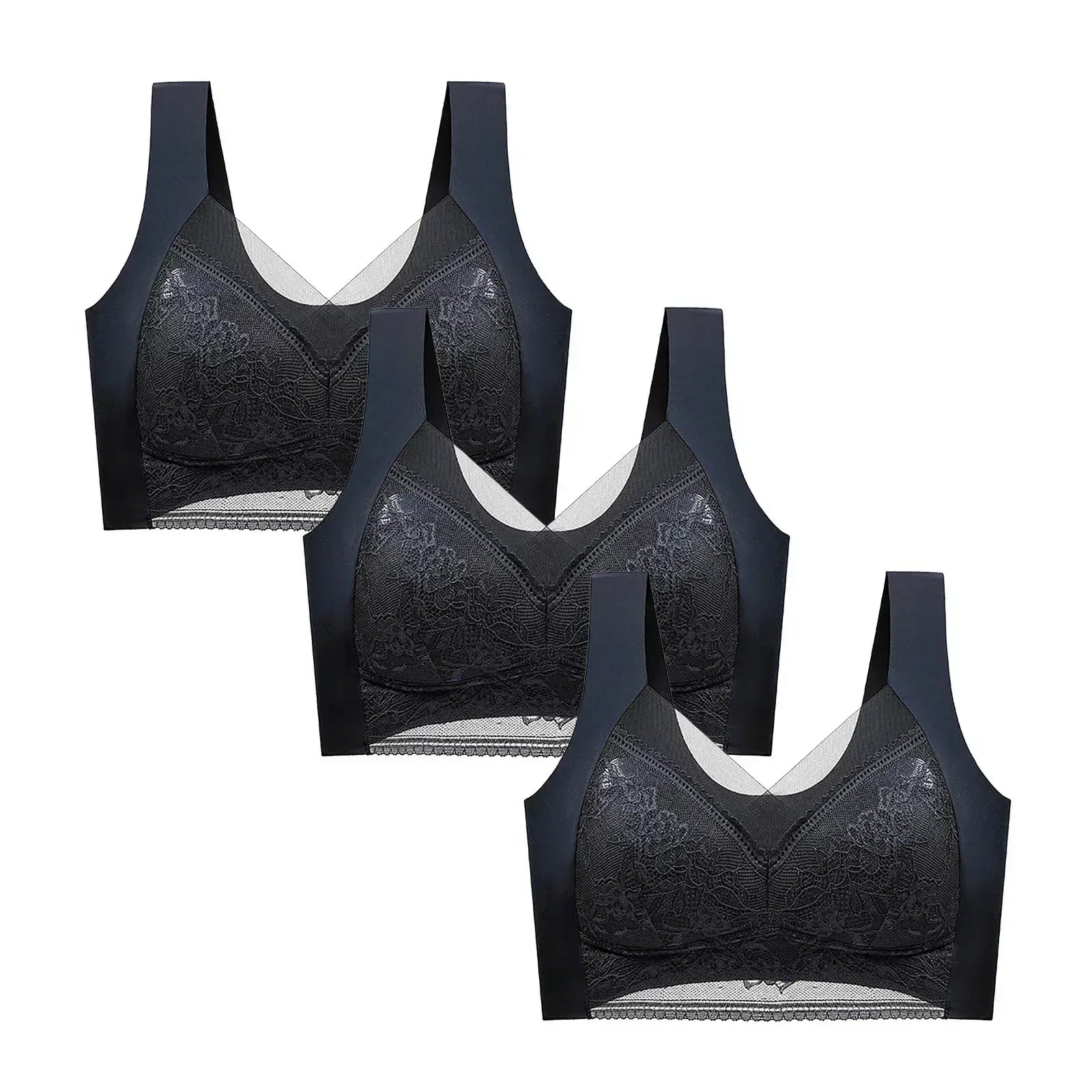 FallSweet 3PCS Lace Push Up Bras for Women Sexy Wireless Bra Ice Silk Deep V Bralette Tops Female Lingerie Mom's Underwear L-5XL