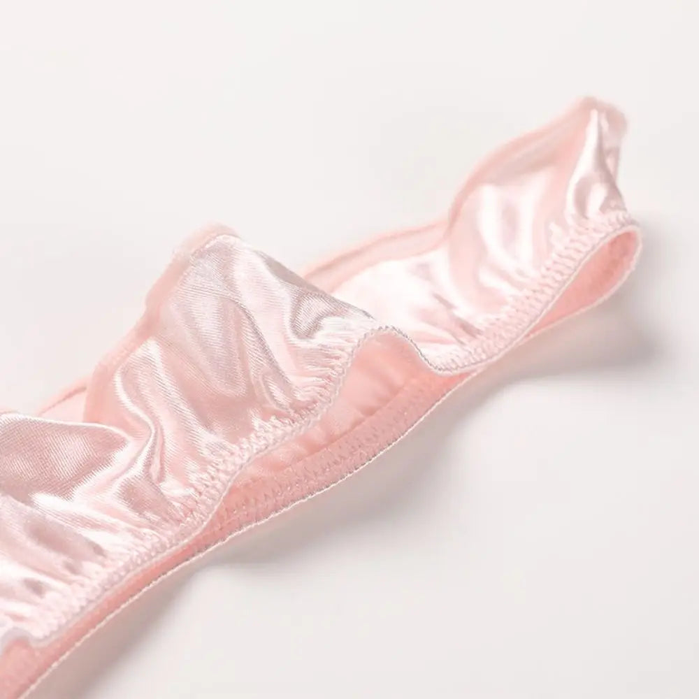 Kawaii Letter Satin Silk Ruffle Thong Seamless Embroidery Ice Silk Panties Underwear Low Waist Briefs for Women Girl
