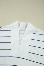 White Striped Zipper V-Neck Drop Sleeve Top