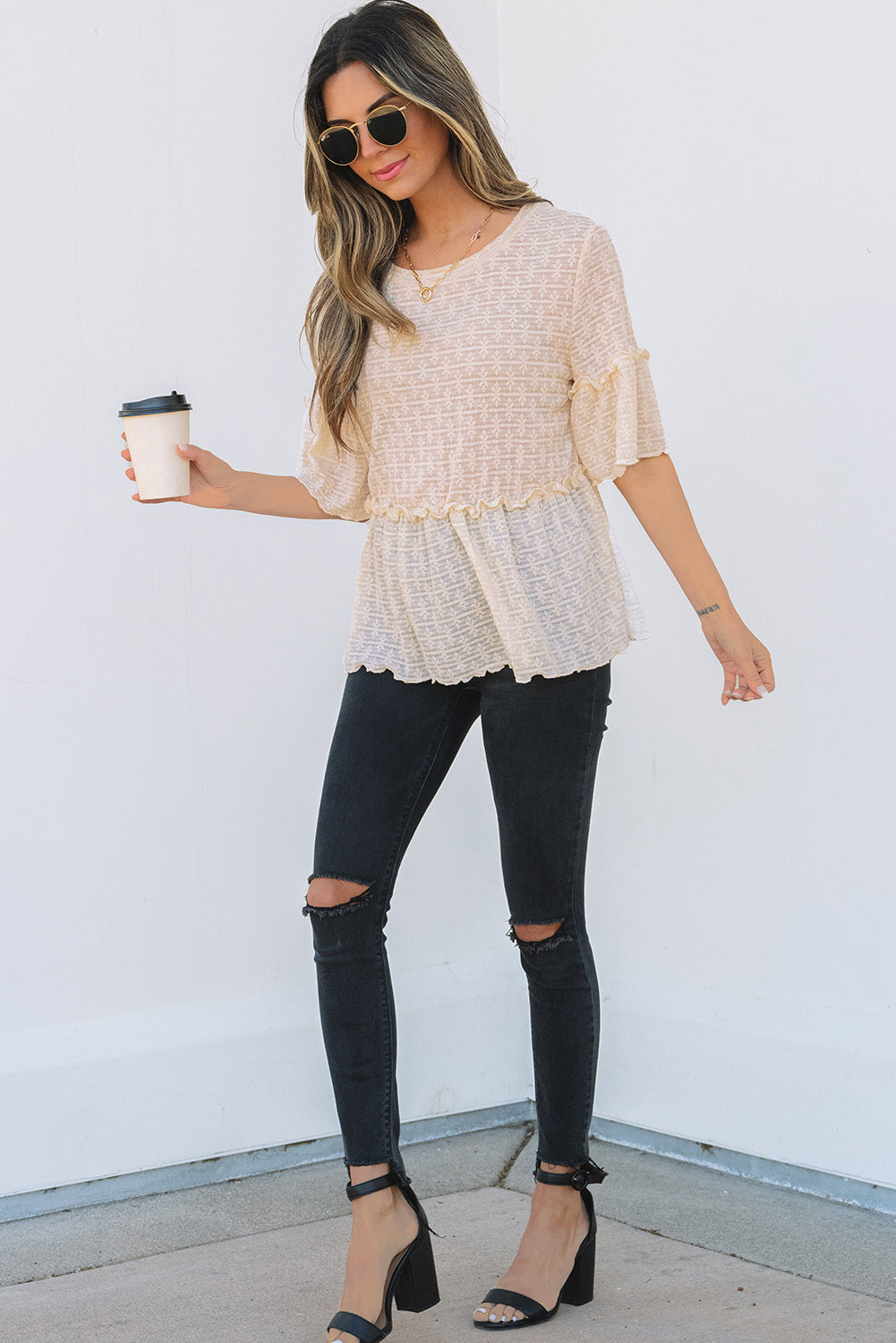 Oaklyn Textured Ruffled Short Sleeve Blouse-3