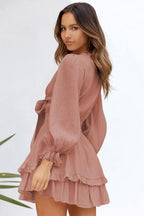 Womens Dresses Spring Summer Knot Front V Neck Ruffles Long Sleeve Floral Print Swing Mini Dress