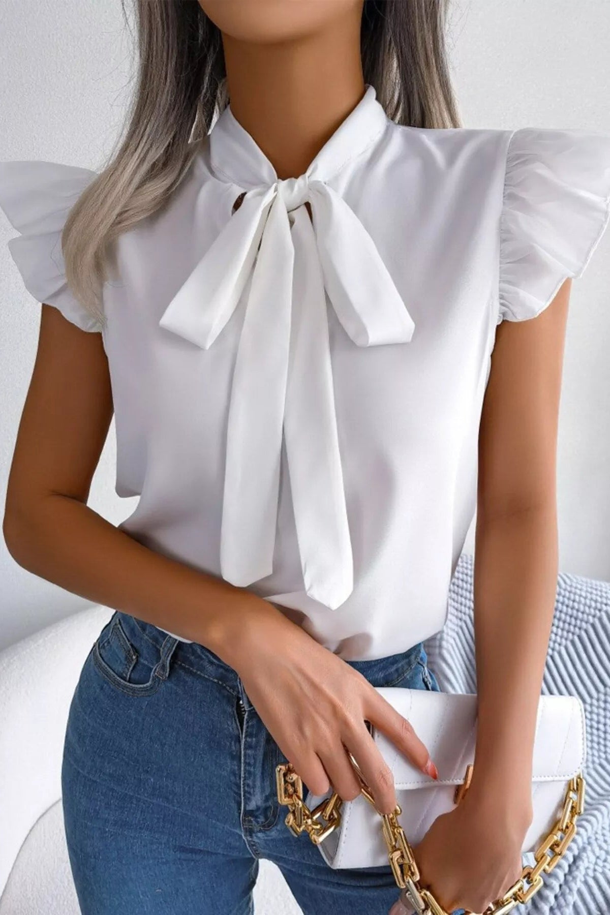 Bow Tie Ruffle Sleeve Blouse