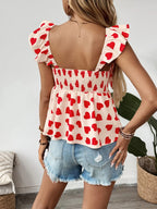Heart Print Bow Front Peplum Blouse