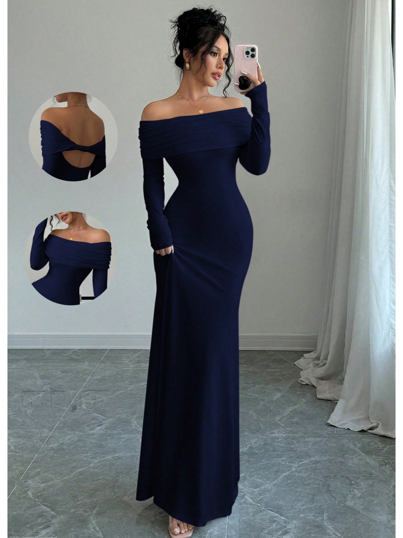 Elegant Off Shoulder Midi Evening Gown