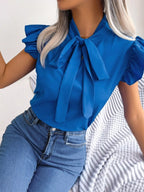 Bow Tie Ruffle Sleeve Blouse
