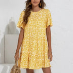 Floral A-Line Dress with Ruffle Sleeves - Spring Cotton Dress