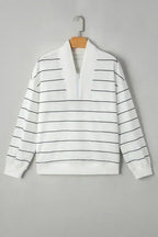 White Striped Zipper V-Neck Drop Sleeve Top